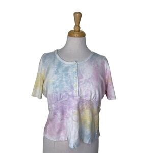 LOVESHACKFANCY Aeris Babydoll Tie Dye Heart Button Short Sleeve Tee Size Large